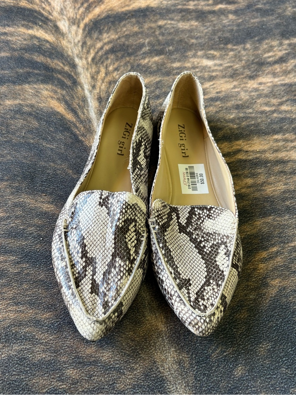 ZIGI girl Snake-Embossed Pointed Toe Flats in Black and White
